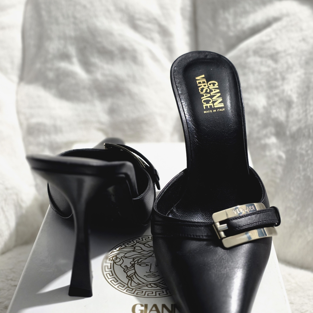 Versace Black Leather Heels with Gold Accent